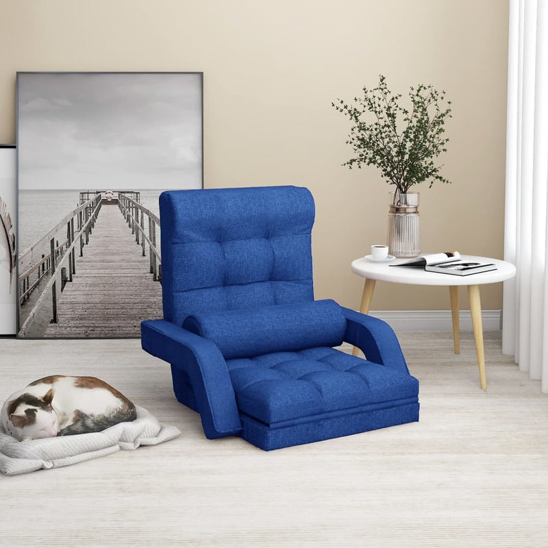 Folding Floor Chair with Bed Function Blue Fabric