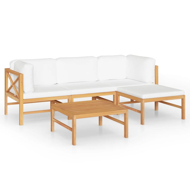 5 Piece Patio Lounge Set with Cream Cushions Solid Teak Wood