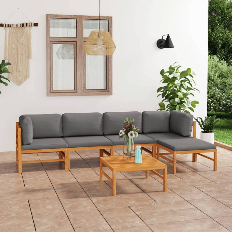 6 Piece Patio Lounge Set with Gray Cushions Solid Teak Wood