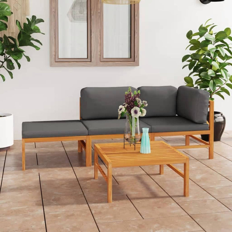 4 Piece Patio Lounge Set with Gray Cushions Solid Teak Wood