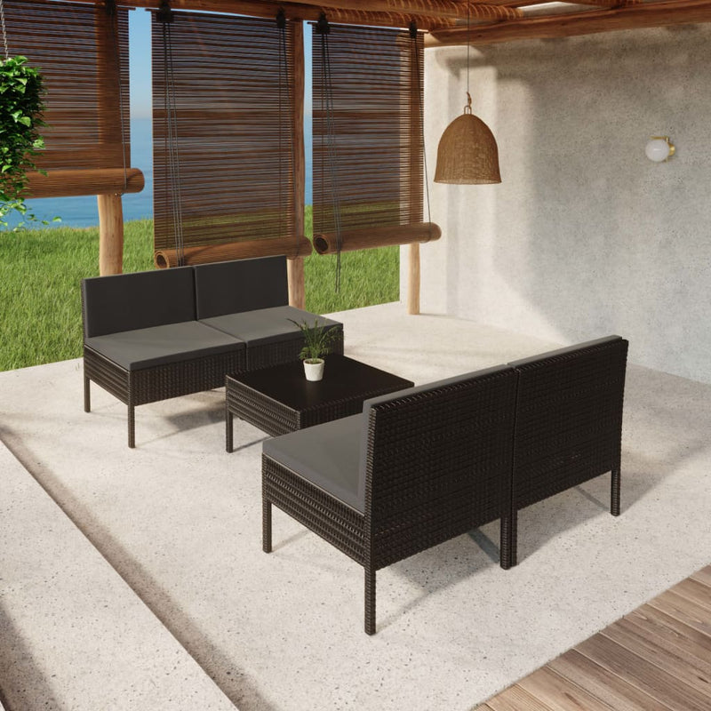 5 Piece Patio Lounge Set with Cushions Poly Rattan Black