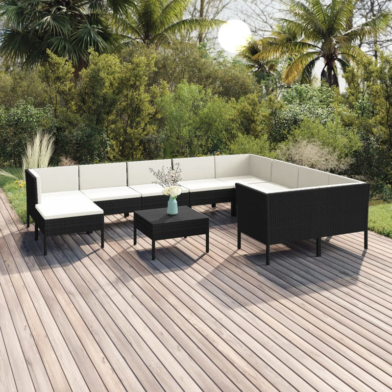 11 Piece Patio Lounge Set with Cushions Poly Rattan Black
