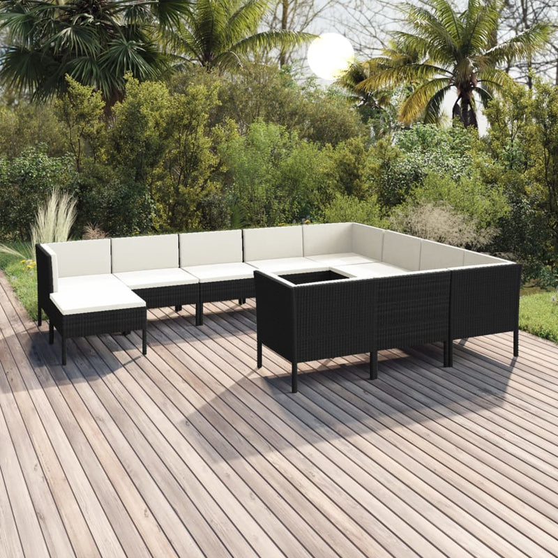 11 Piece Patio Lounge Set with Cushions Poly Rattan Black
