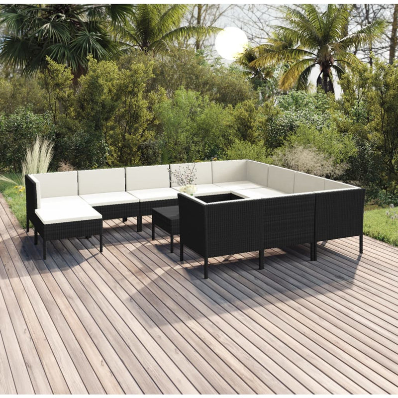 12 Piece Patio Lounge Set with Cushions Poly Rattan Black