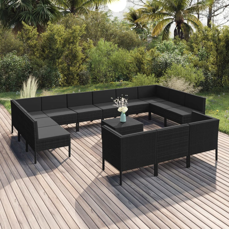 14 Piece Patio Lounge Set with Cushions Poly Rattan Black